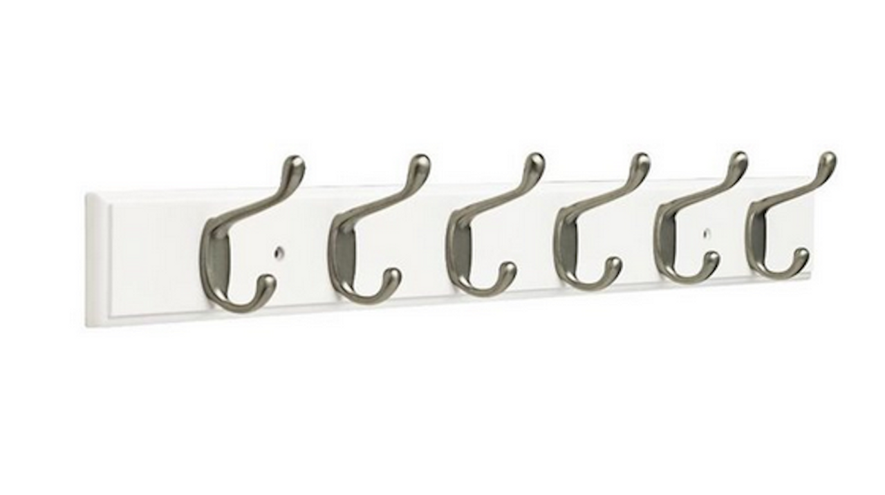 Franklin Brass 26 1/2" 6 Hook Coat/Hat Rail White w/ Satin Nickel Heavy Duty Hooks