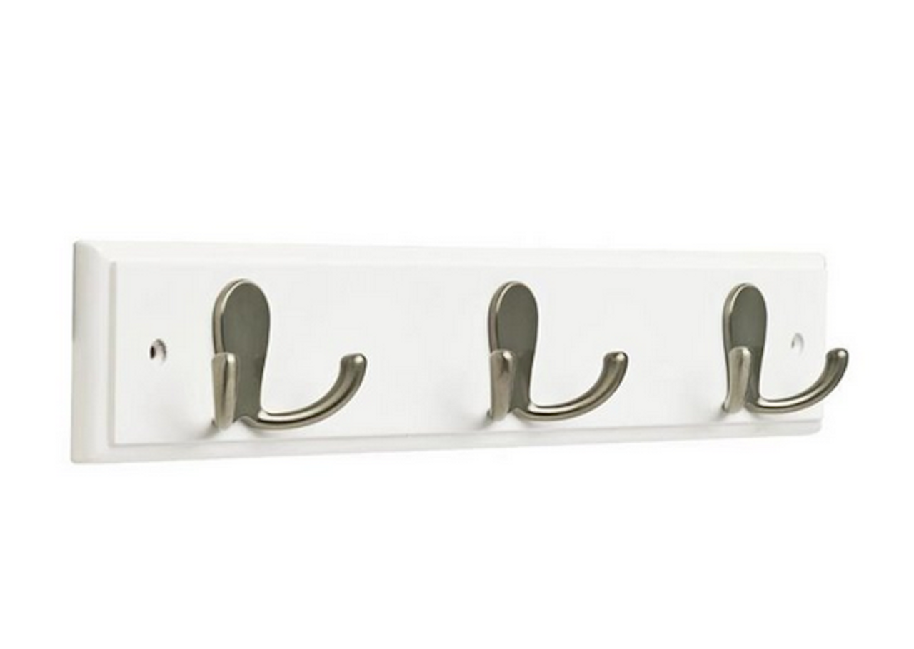 Franklin Brass 15 7/8" 3 Hook Coat/Hat Rail White w/ Satin Nickel Double Prong Hooks