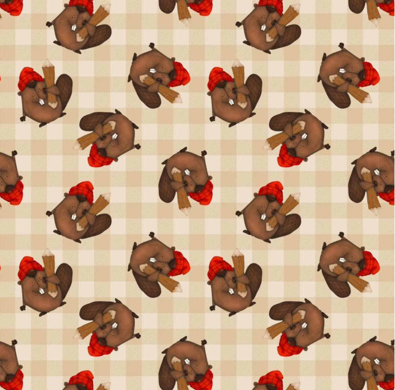 Henry Glass Timber Gnomies Tossed Beavers Beige Cotton Fabric By The Yard