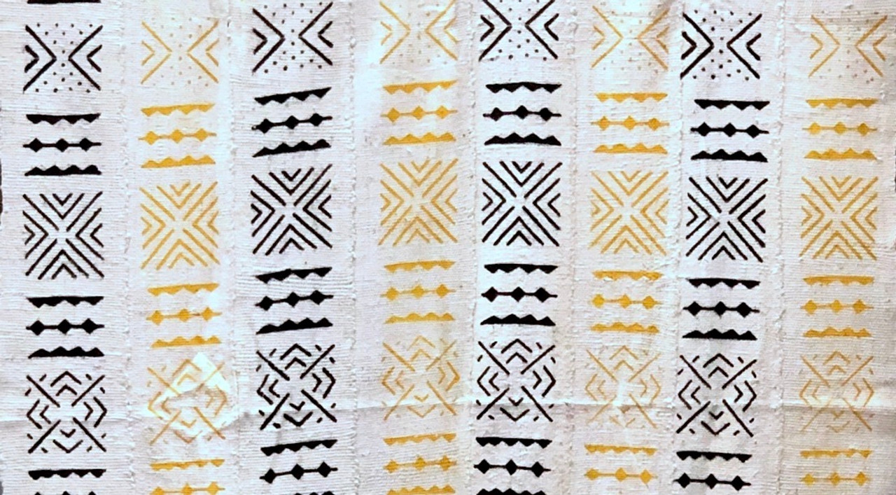 28651 African Mali Mud Cloth Bambara Bogolanfini White/Yellow Aprox 40" x 64"