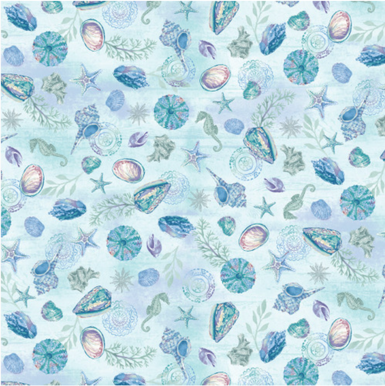 Henry Glass Salt & Sea Shells & Seahorses Lt. Blue Fabric By The Yard