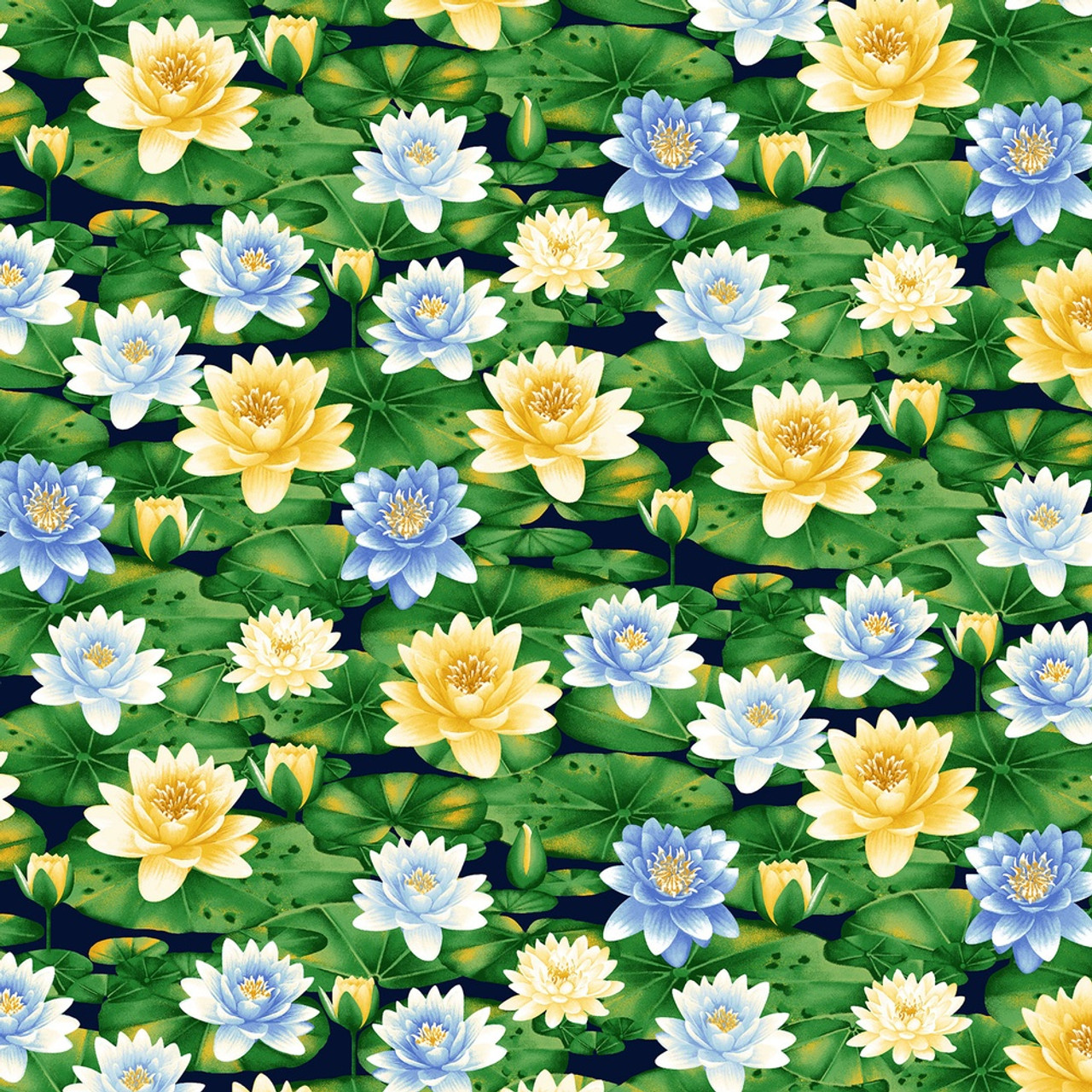 Henry Glass Waterlily Magic Waterlily Flower Allover Indigo Fabric By The Yard