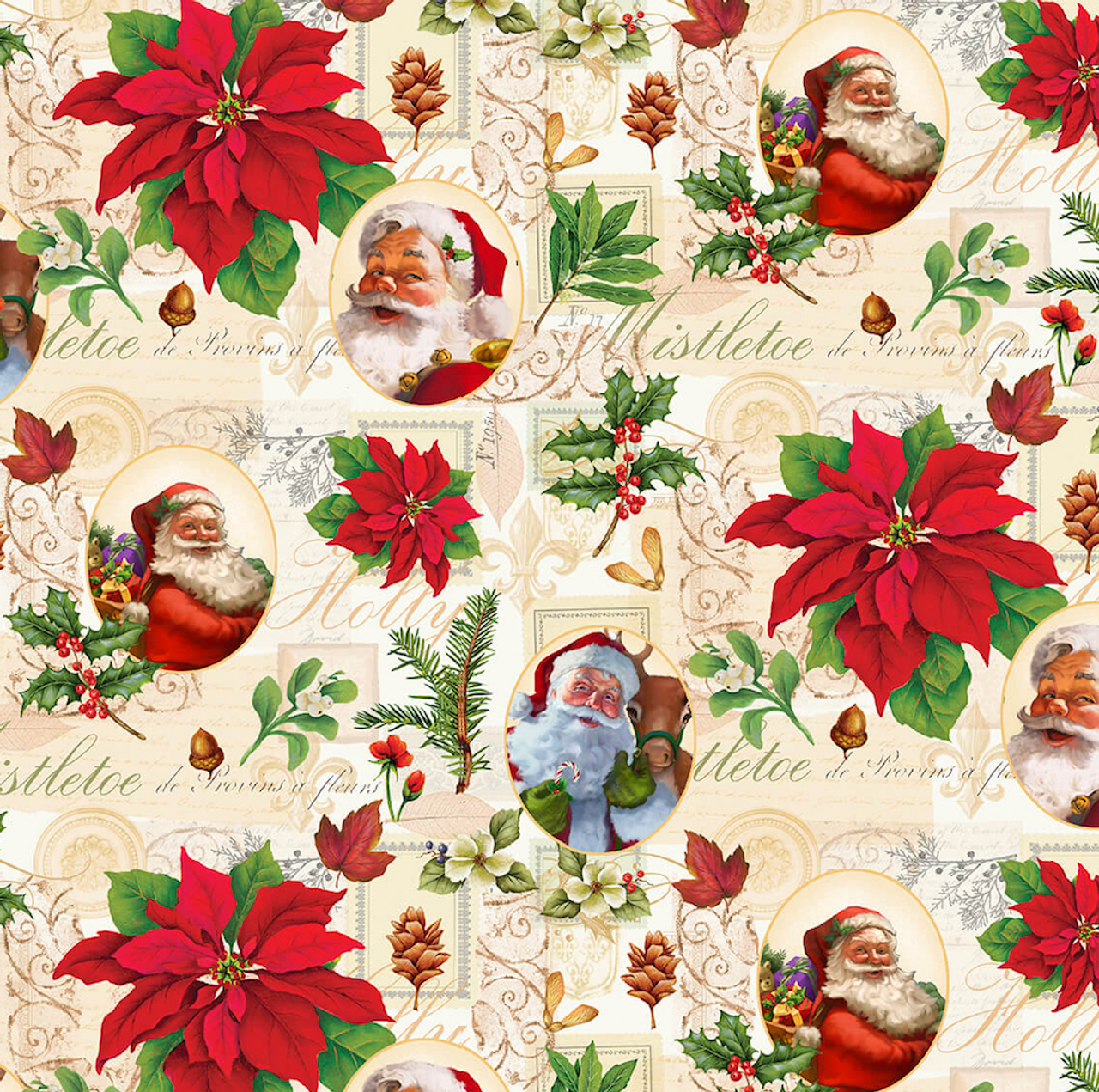 Henry Glass Christmas Legend II Santa & Poinsettia Cream Fabric By The Yard