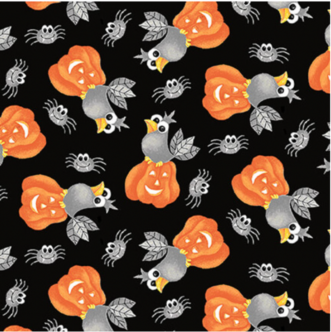 Henry Glass Boo! Glow Tossed Bird on Pumpkin Black Fabric By The Yard