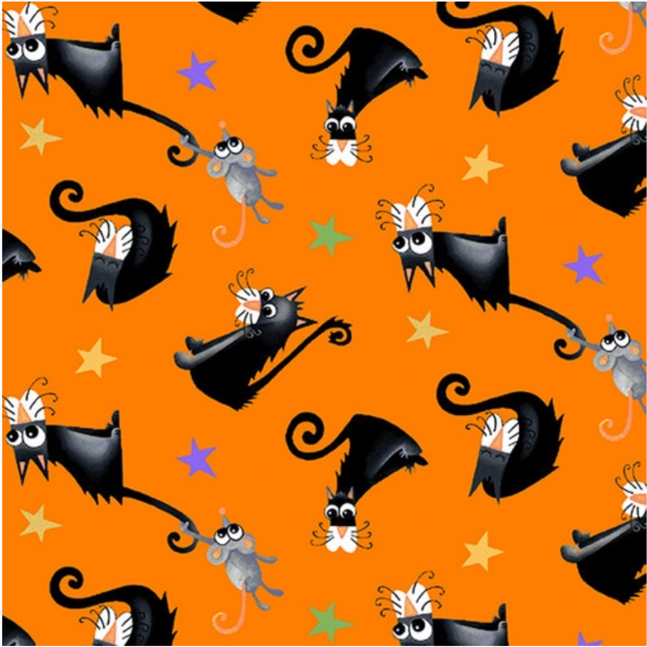 Henry Glass Boo! Glow Tossed Cats Orange Fabric By The Yard
