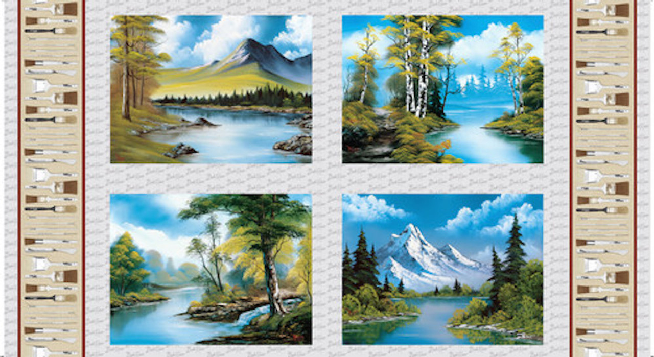 Studio E Bob Ross Joy of Painting 4 Blocks Of Scenics Fabric by The Panel