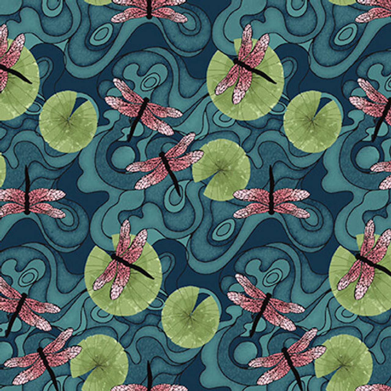 Studio E Koi Garden Tossed Lily Pads & Dragonflies Multi Fabric By The Yard