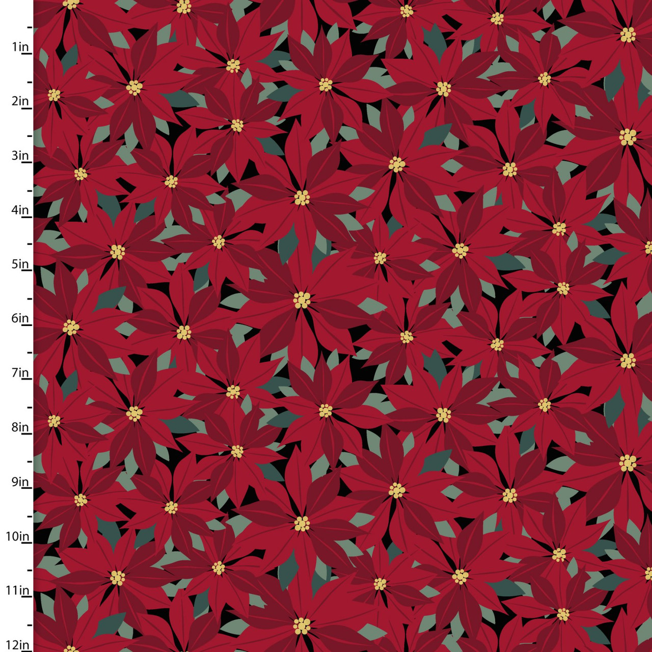 3 Wishes Mistletoe & Metallic Packed Poinsettias Red Cotton Fabric By Yard