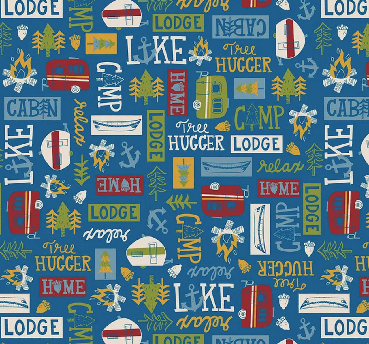 Henry Glass Loving Camp Life Words & Campers Dk Blue Cotton Fabric By The Yard