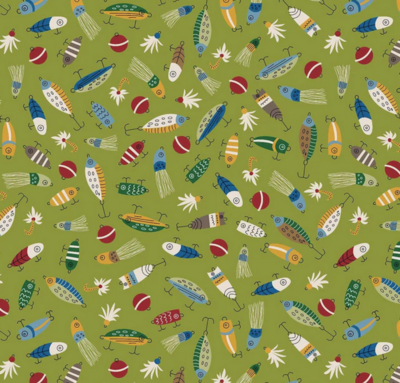 Henry Glass Loving Camp Life Fishing Lures Green Cotton Fabric By The Yard