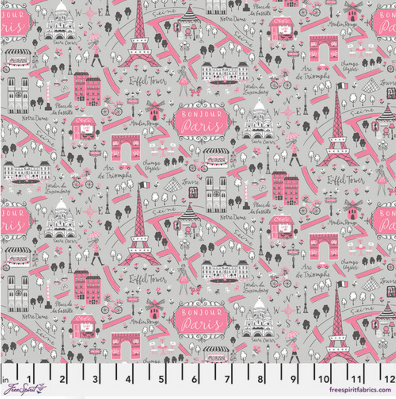 Anne Keenan Higgins Bonjour Paris Tour of Paris Gray Cotton Fabric by The Yard