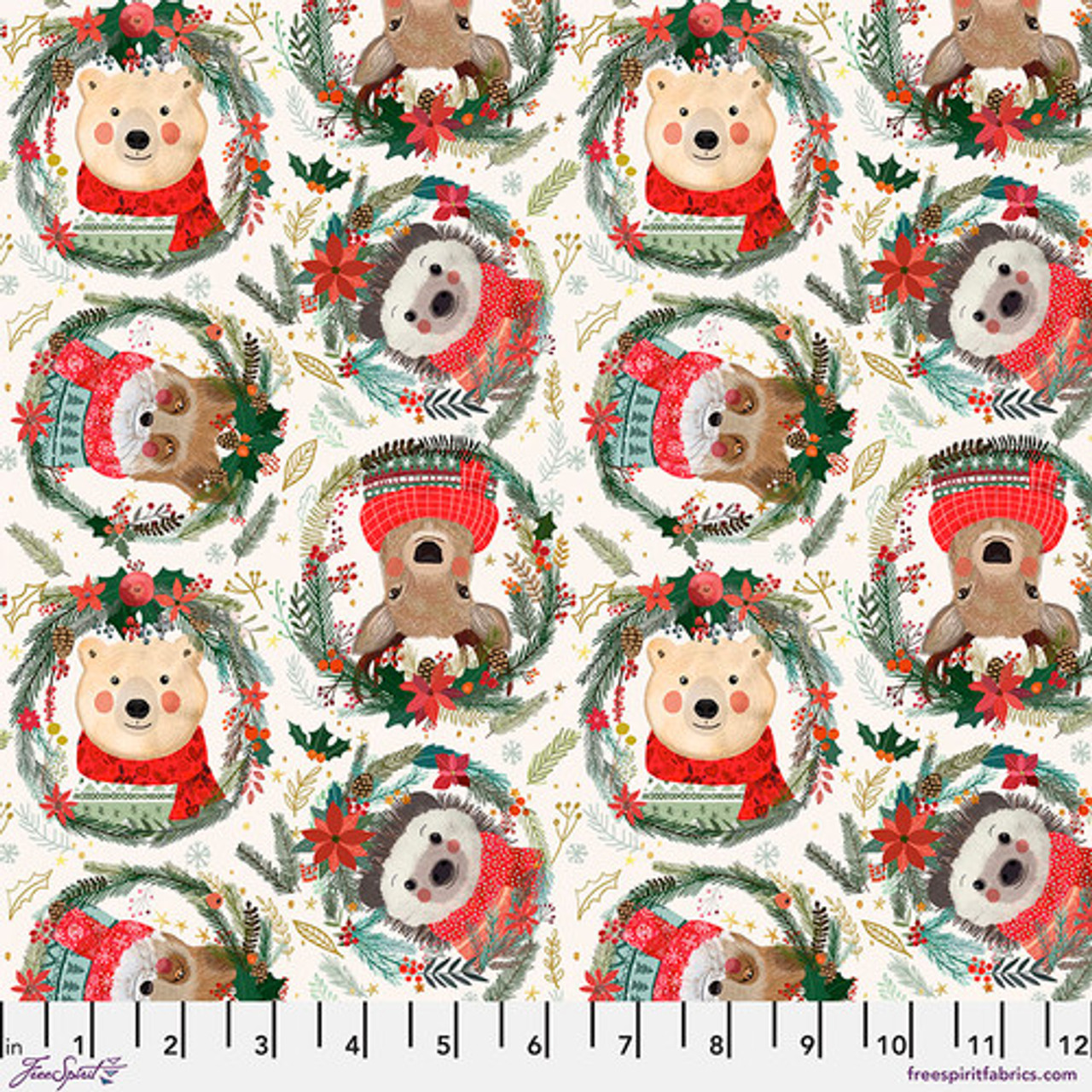 Free Spirit Mia Charro Christmas Squad Fuzzy Friends Ivory Cotton Fabric By Yard