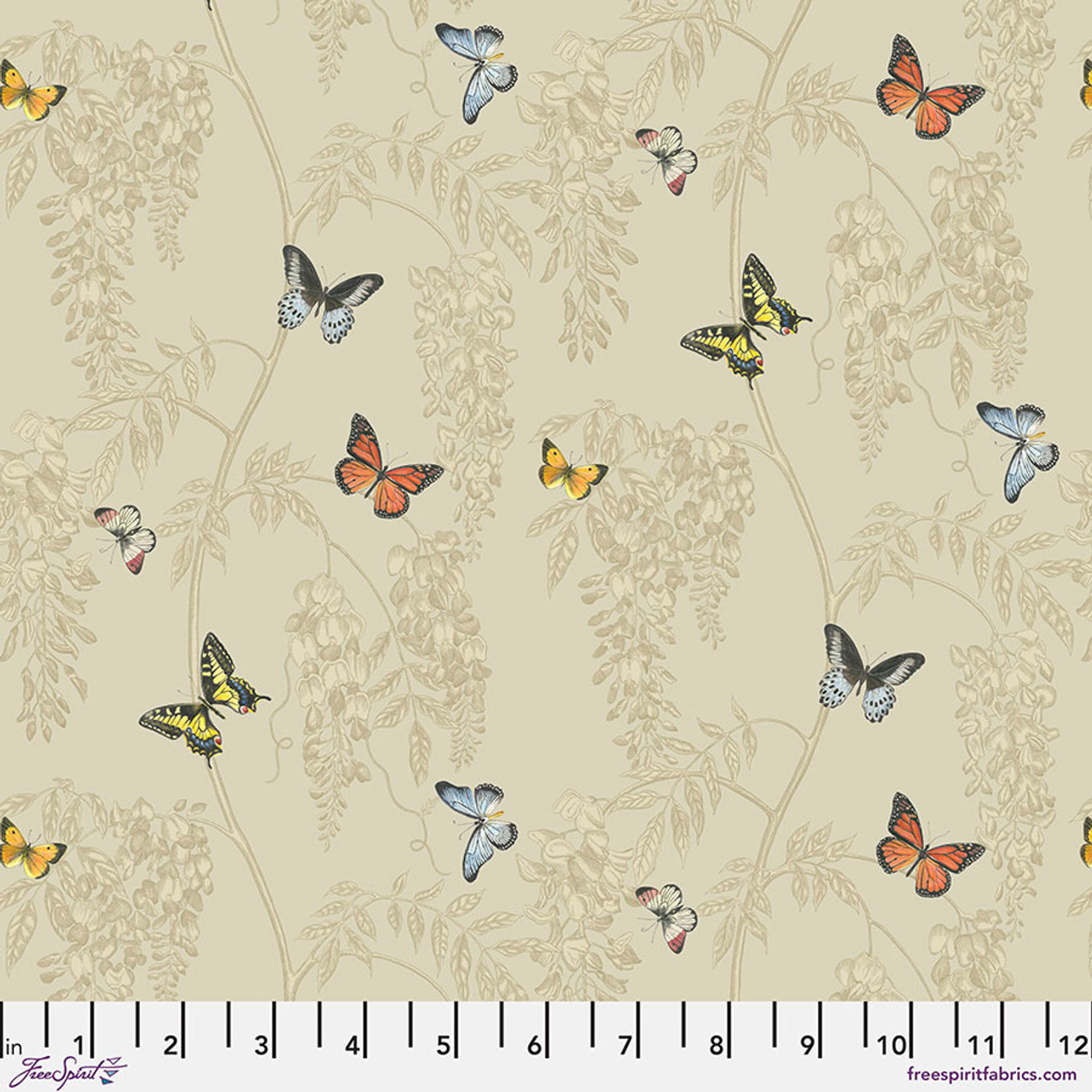 Free Spirit Sanderson Woodland Blooms Wisteria & Butterfly Linen Fabric By The Yard