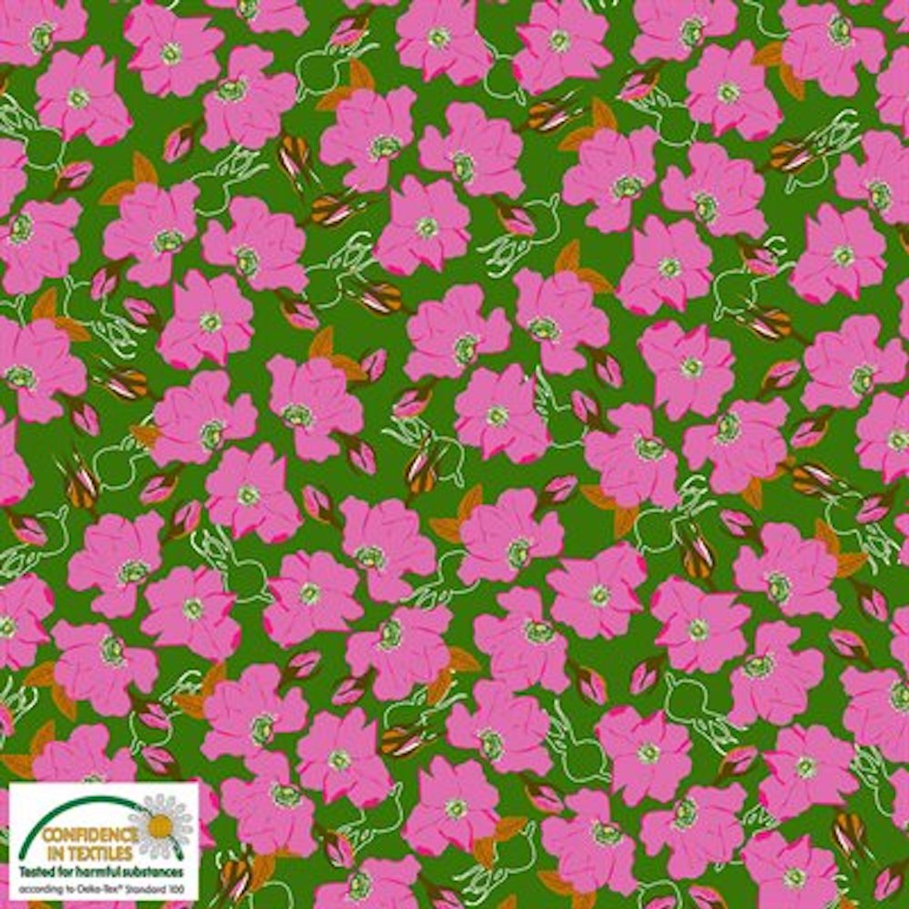 Stof Summer Berries Budding Flowers Green Cotton Fabric By The Yard