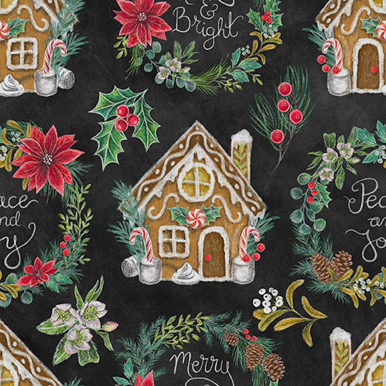Blank Quilting Mistletoe Magic Gingerbread House & Wreaths Black Cotton Fabric By The Yard
