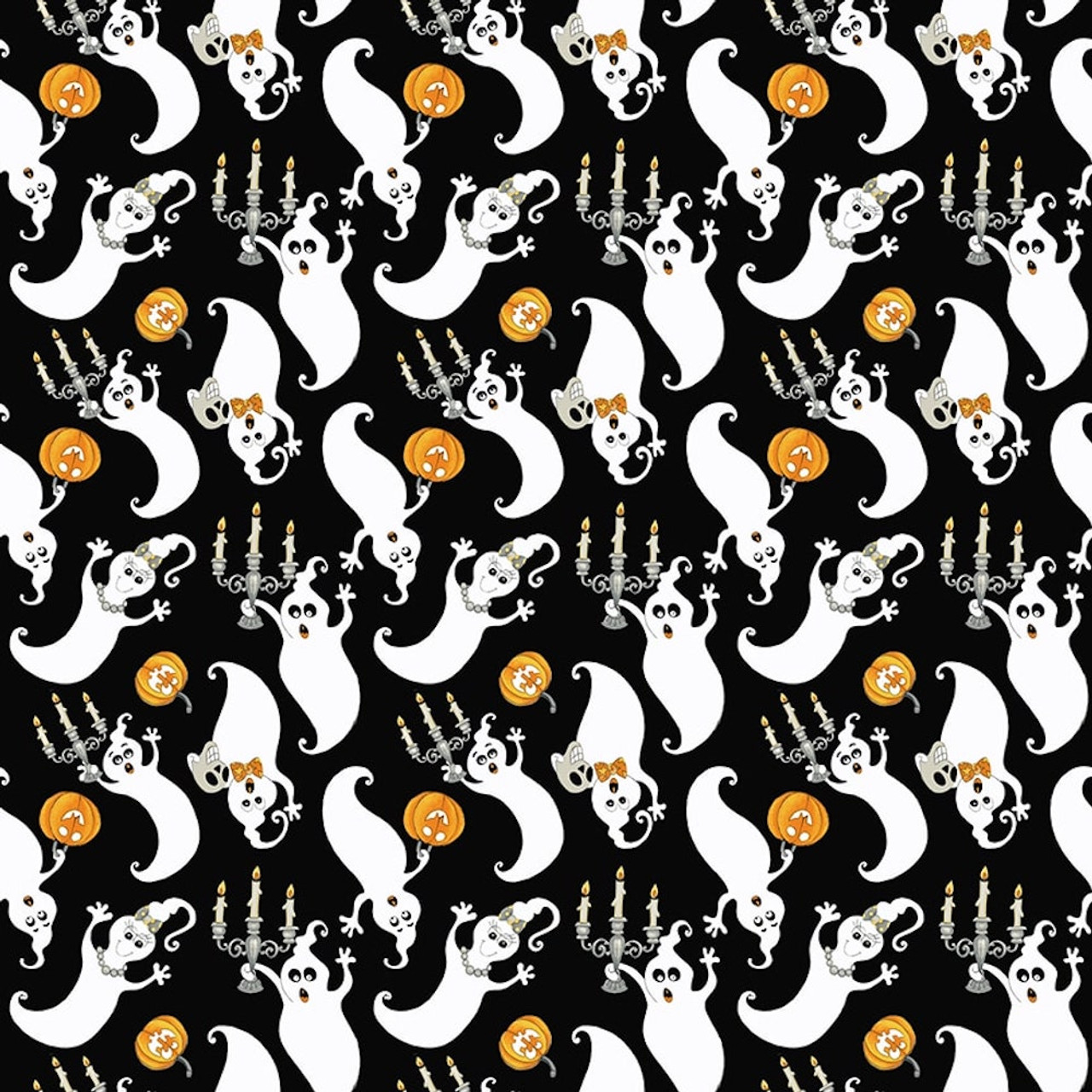 Henry Glass Witch's Night Out Tossed Ghosts Glow Black Fabric By The Yard