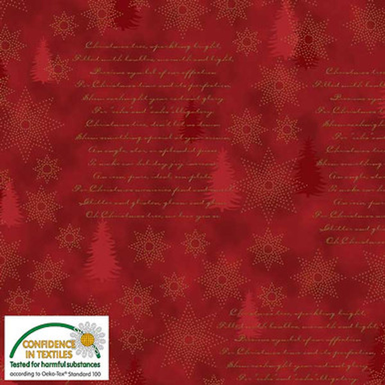 Stof Star Sprinkle Pinetree Text Red Gold Cotton Fabric By The Yard