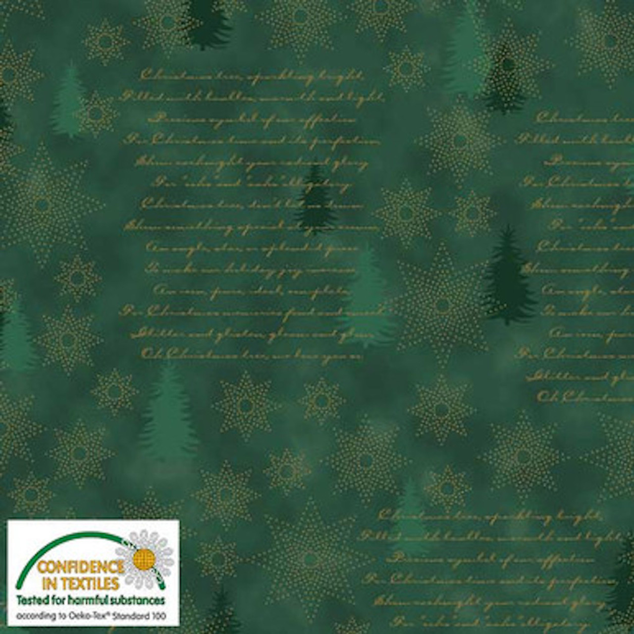 Stof Star Sprinkle Pinetree Text Green Gold Cotton Fabric By The Yard