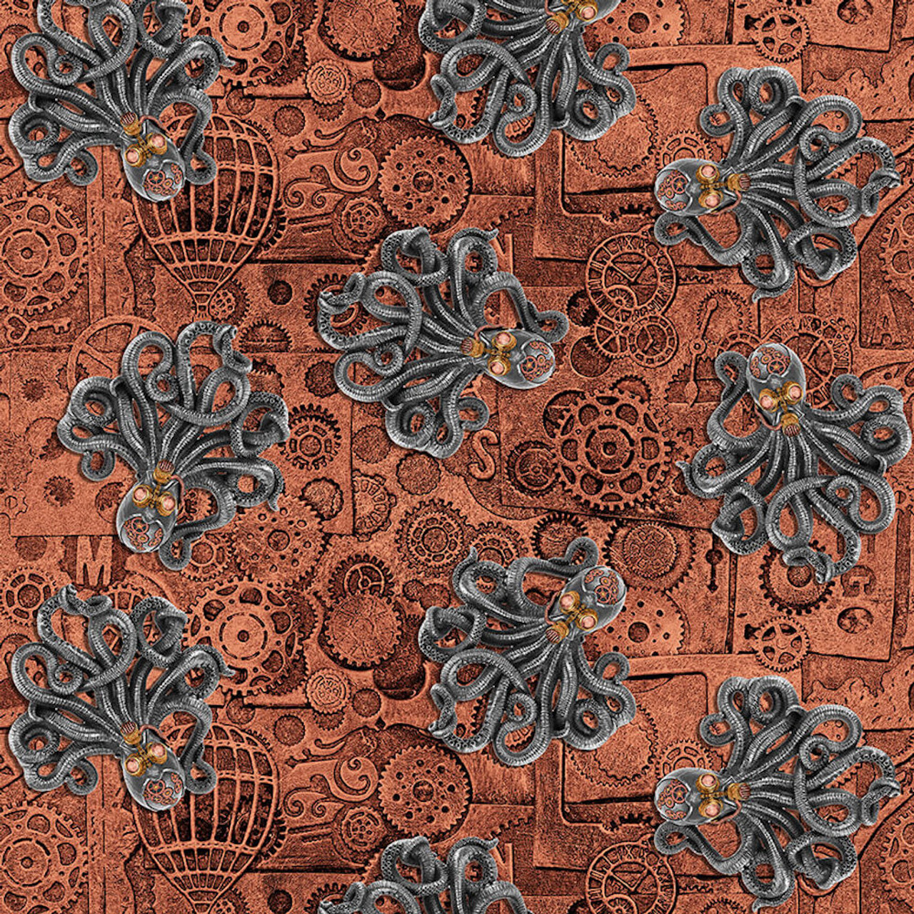 Blank Quilting Alternative Age Steampunk Octopus & Gears Rust Cotton Fabric By The Yard