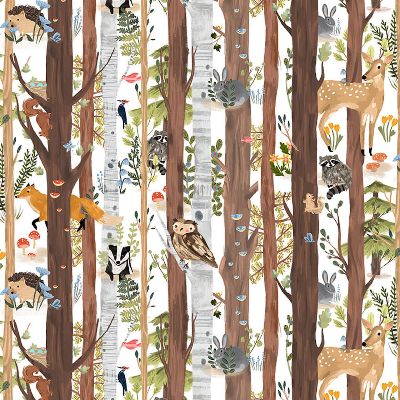 Blank Quilting Forest Critters Animals w/ Trees Ivory Cotton Fabric By The Yard