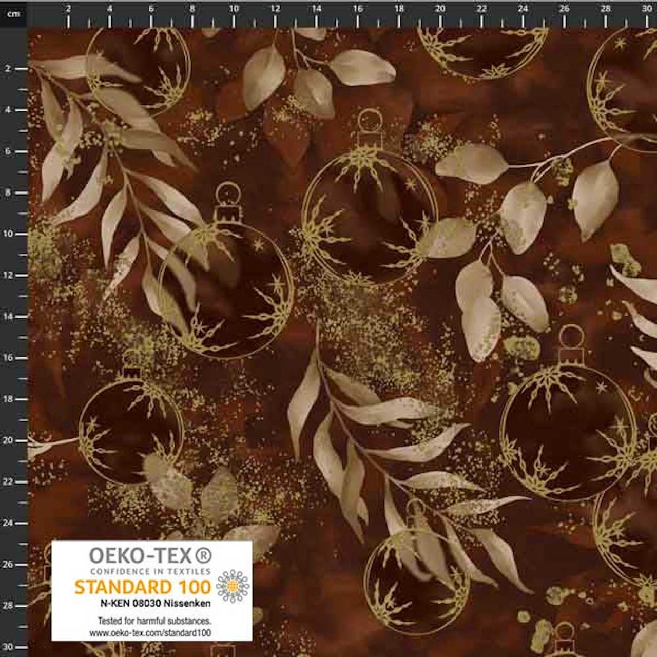 Stof European Petit Cristal Christmas Balls Brown Gold Cotton Fabric By The Yard