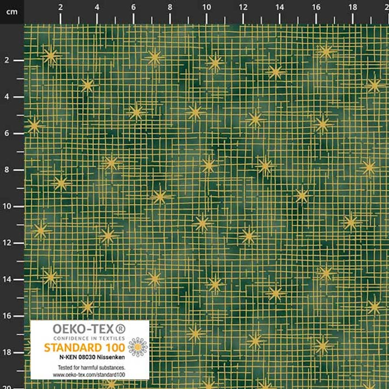 Stof European Petit Cristal Stars & Grid Green Gold Cotton Fabric By The Yard