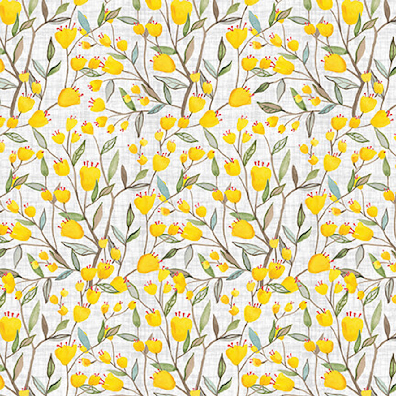 Blank Quilting Folk Garden Flowers Yellow Cotton Fabric By The Yard