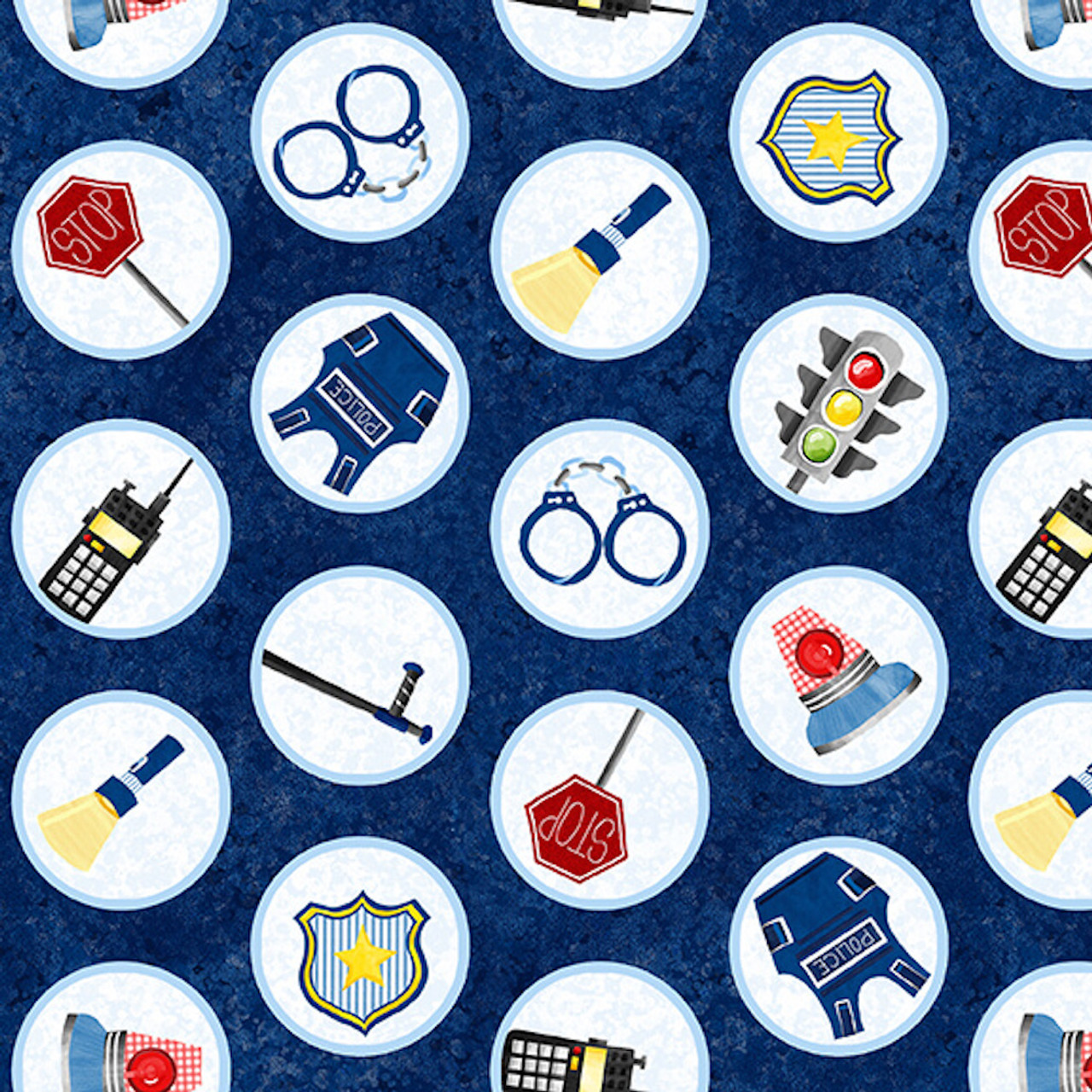 Blank Quilting Everyday Heroes Police Motifs in Circles Blue Cotton Fabric By The Yard