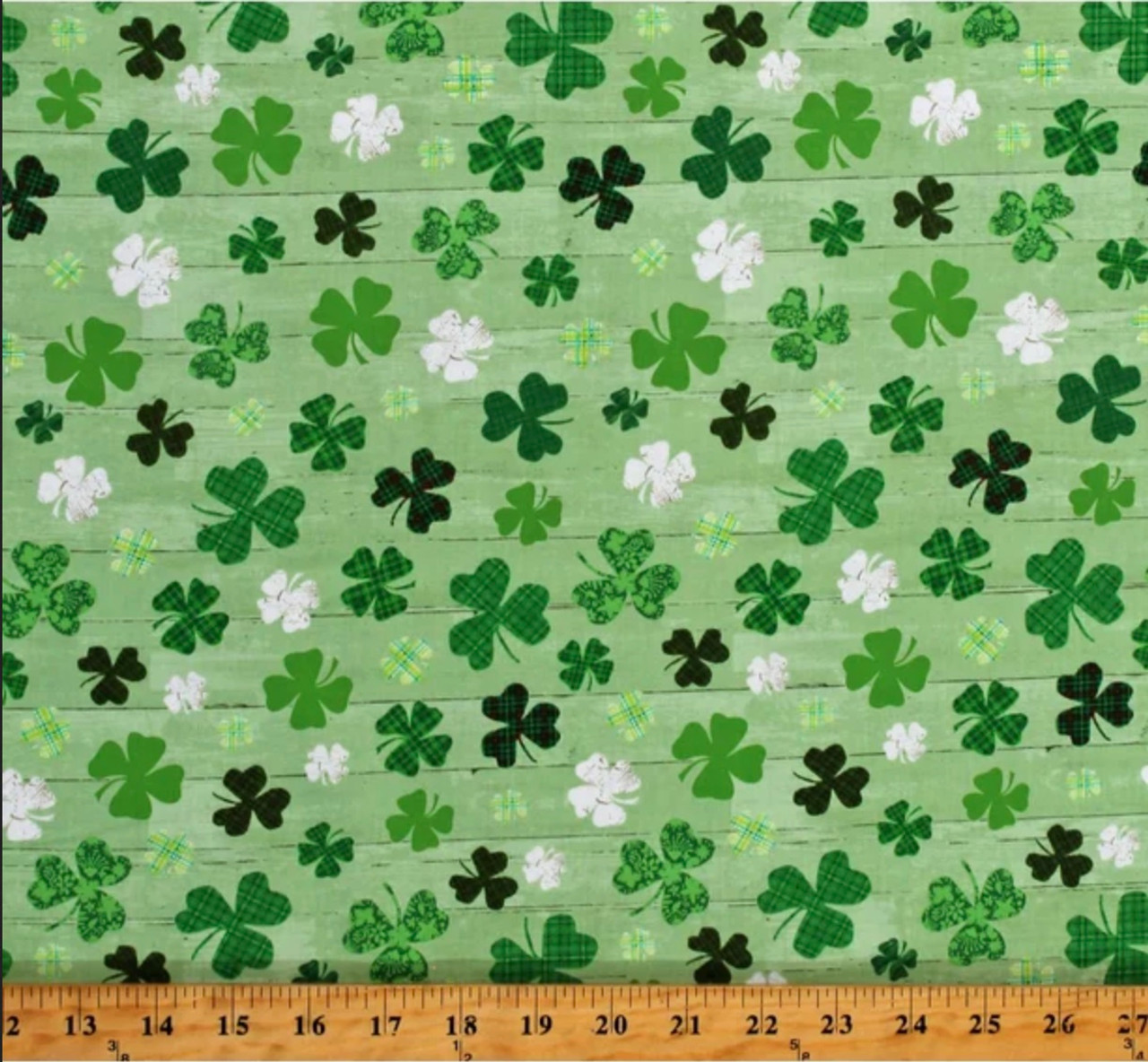 Henry Glass Hello Lucky Clover on Wood Grain Green Cotton Fabric By Yard