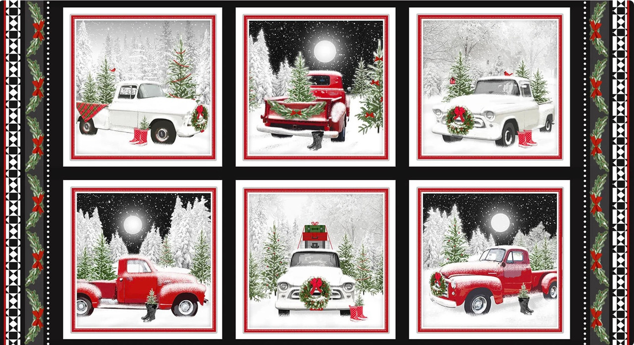 Henry Glass Tradition Continues II 23" Blocks Trucks Red Cotton Fabric By The Panel