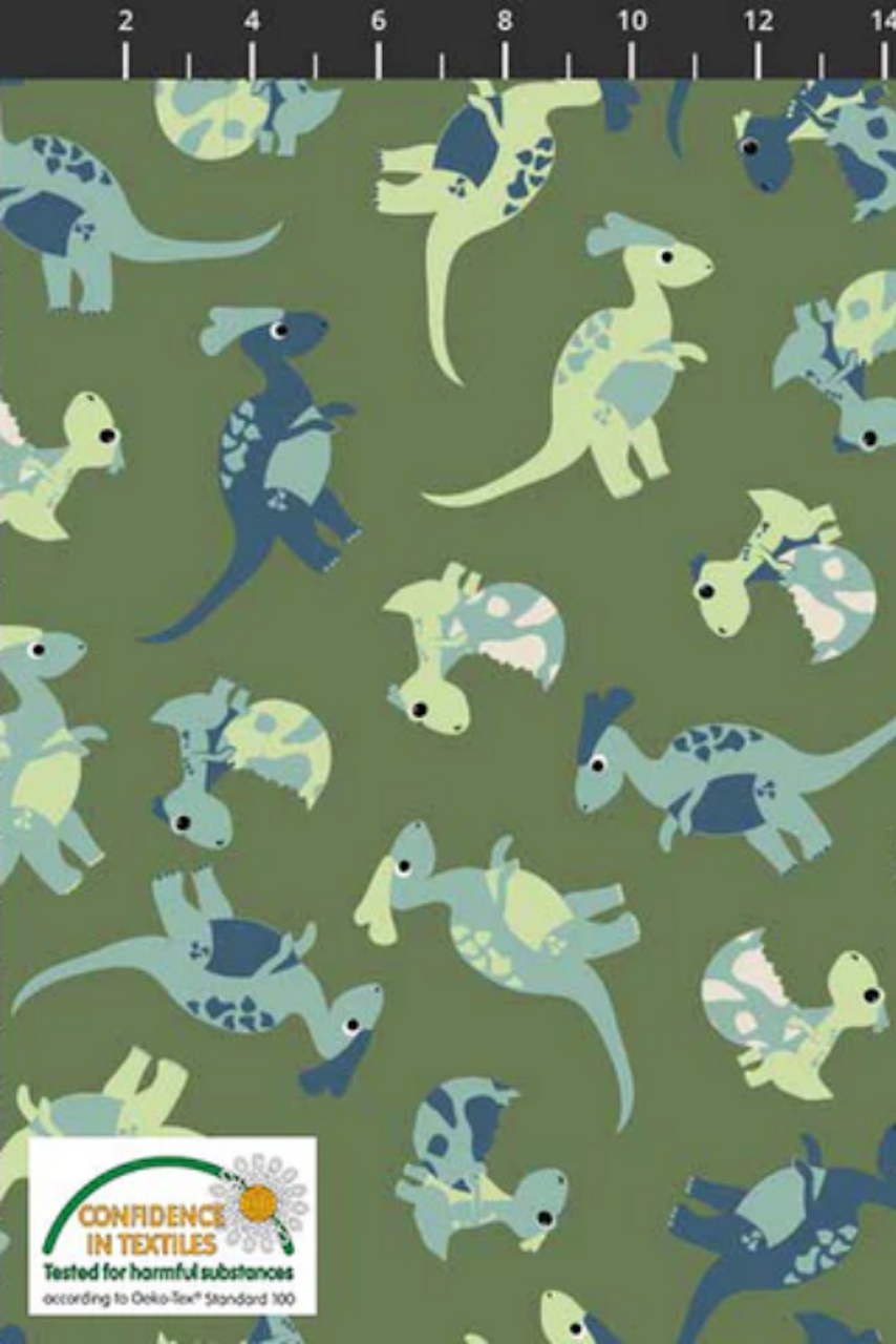 Stof European Follow My Footsteps Dinomoms, Babies & Eggs Green Cotton Fabric By The Yard