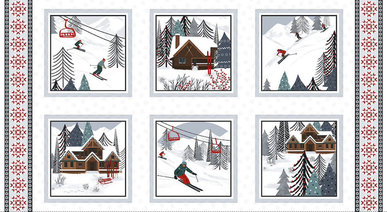 StudioE Alpine Ski Blocks Panel White Cotton Quilting Fabric By The Panel