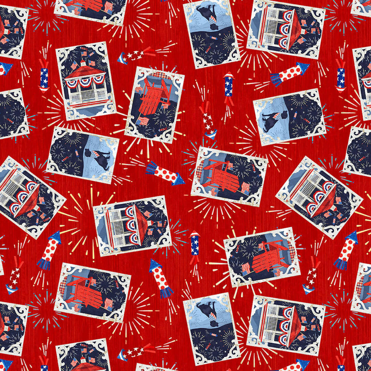 Henry Glass Patriotic Picnic Tossed Images In Boxes Red Cotton Fabric By The Yard