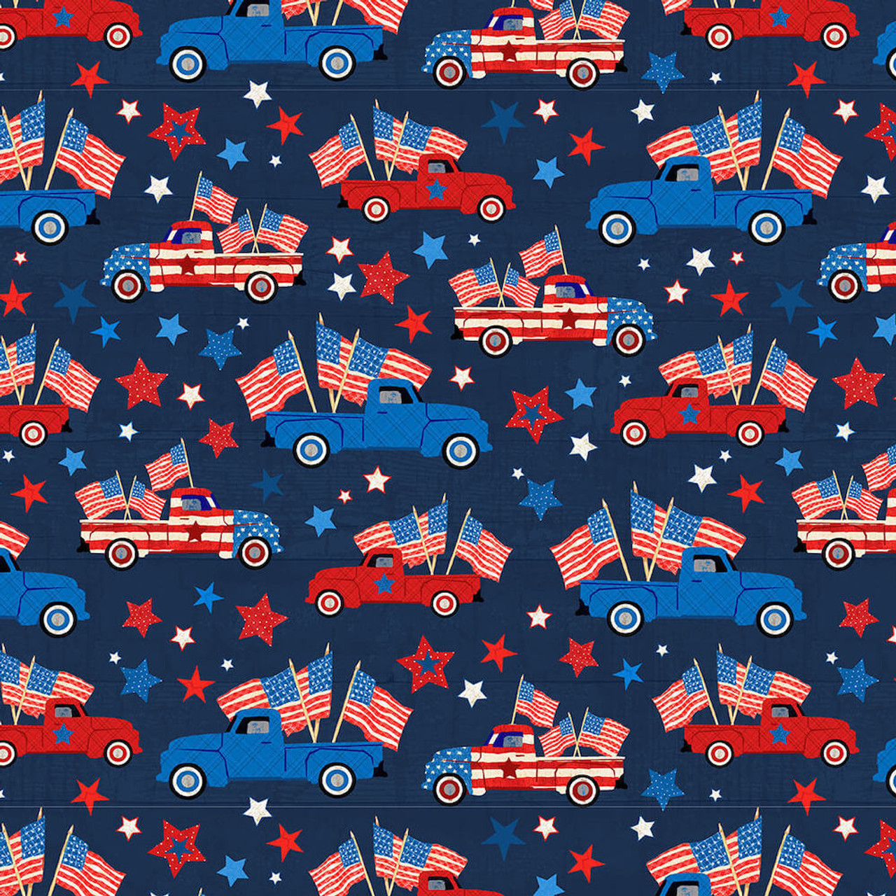 Henry Glass Patriotic Picnic Patriotic Trucks Navy Cotton Fabric By The Yard