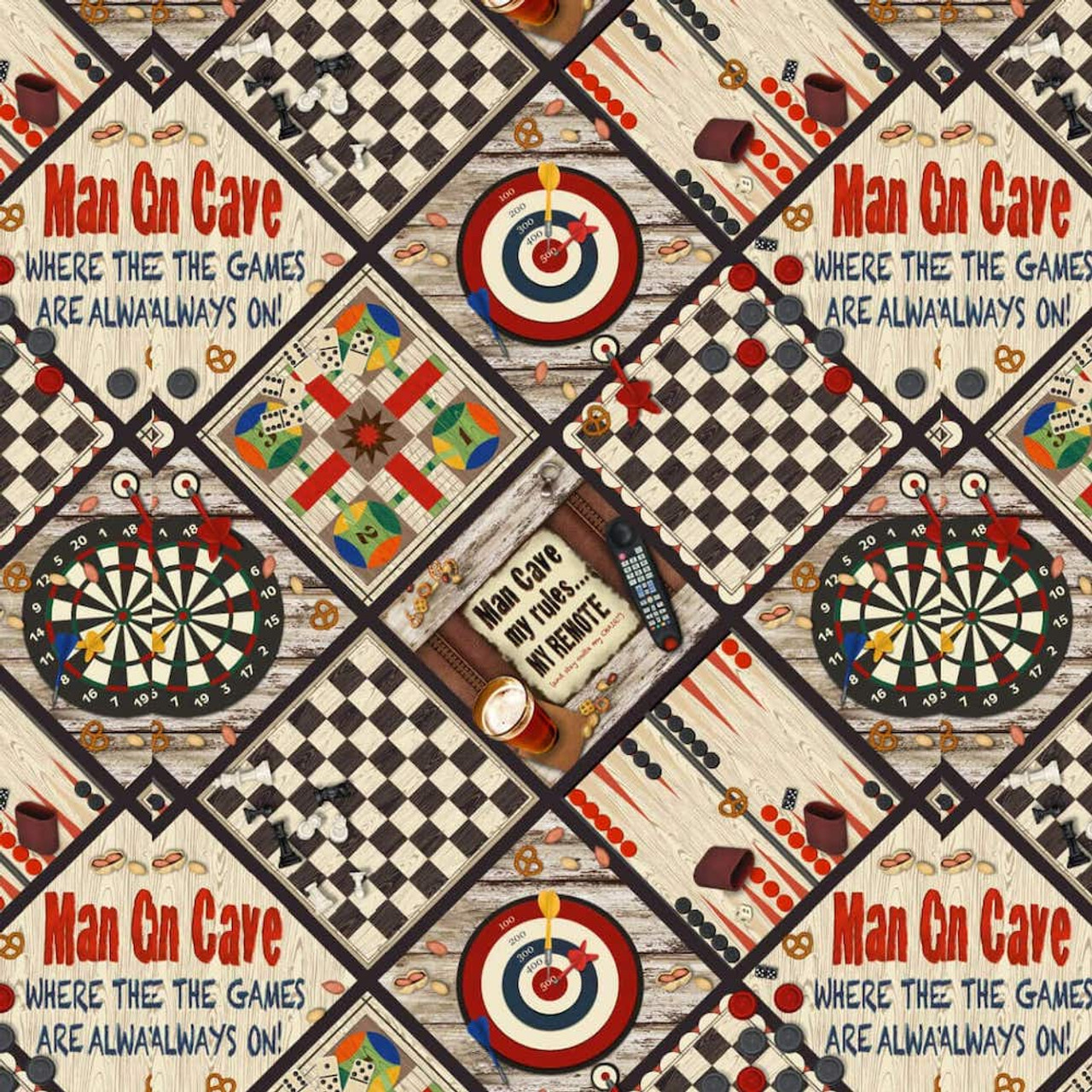Henry Glass Game Night Patchwork Tan Cotton Fabric By The Yard