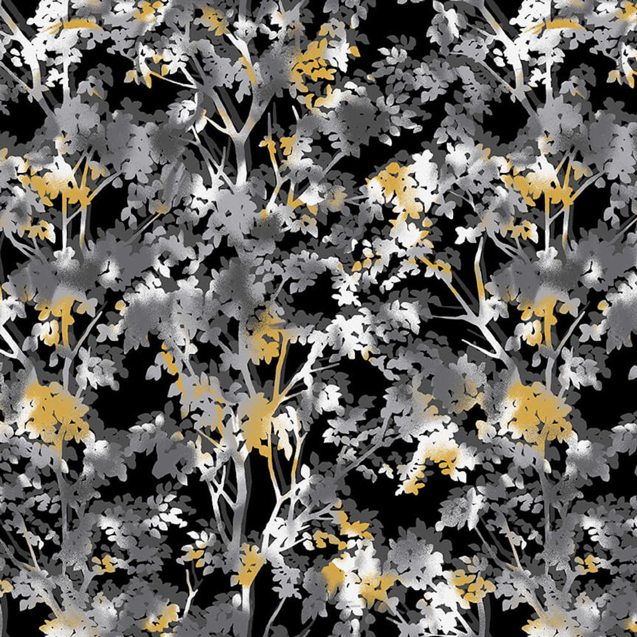 Henry Glass Black, White & 24 Karat Tree Silhouette Black Cotton Fabric By The Yard