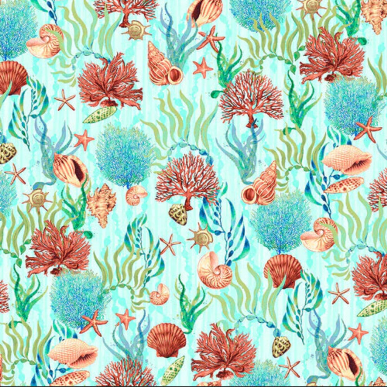 Studio E Deep Blue Shells & Coral Aqua Cotton Fabric By The Yard
