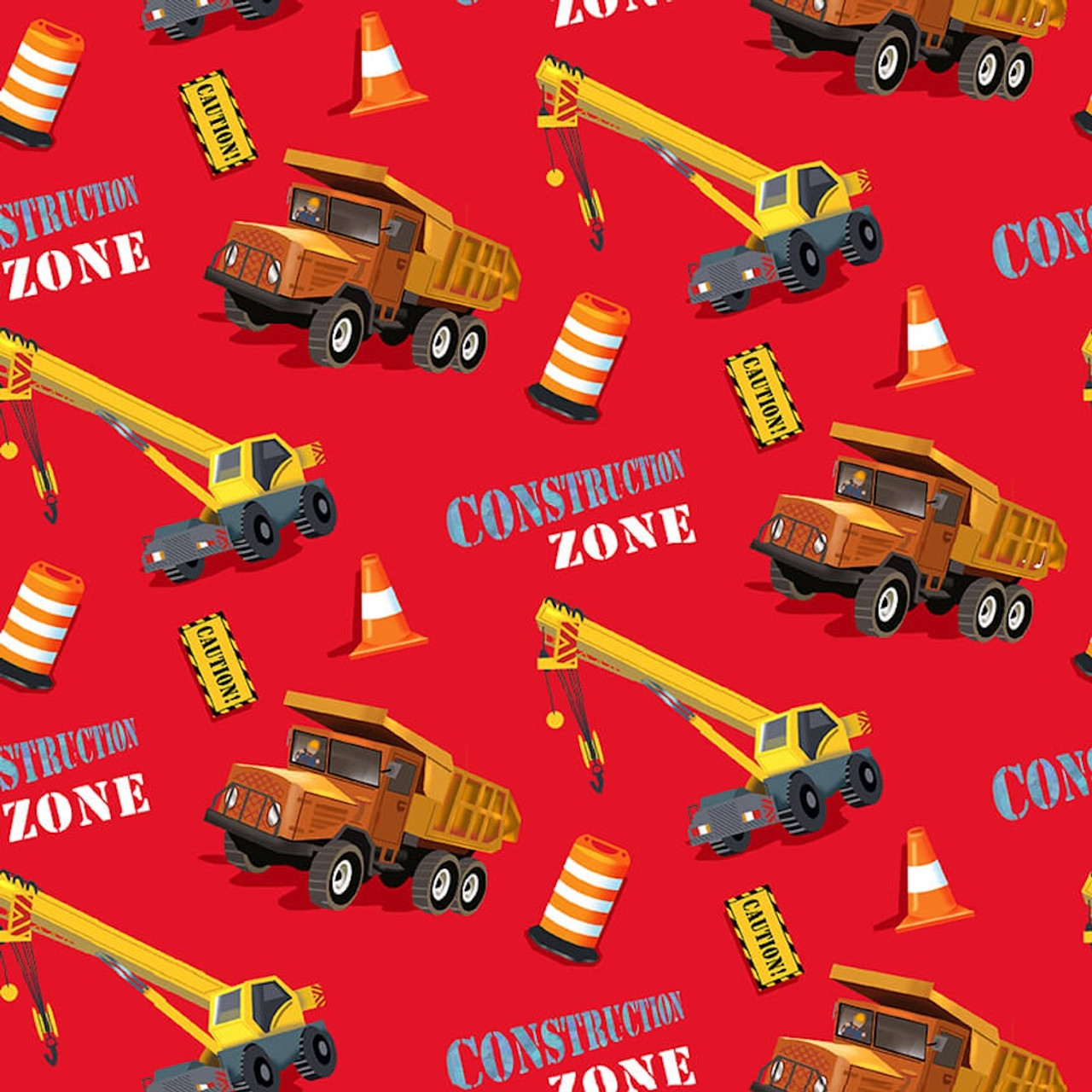 Henry Glass Construction Zone Crane & Dump Truck Red Fabric By The Yardv