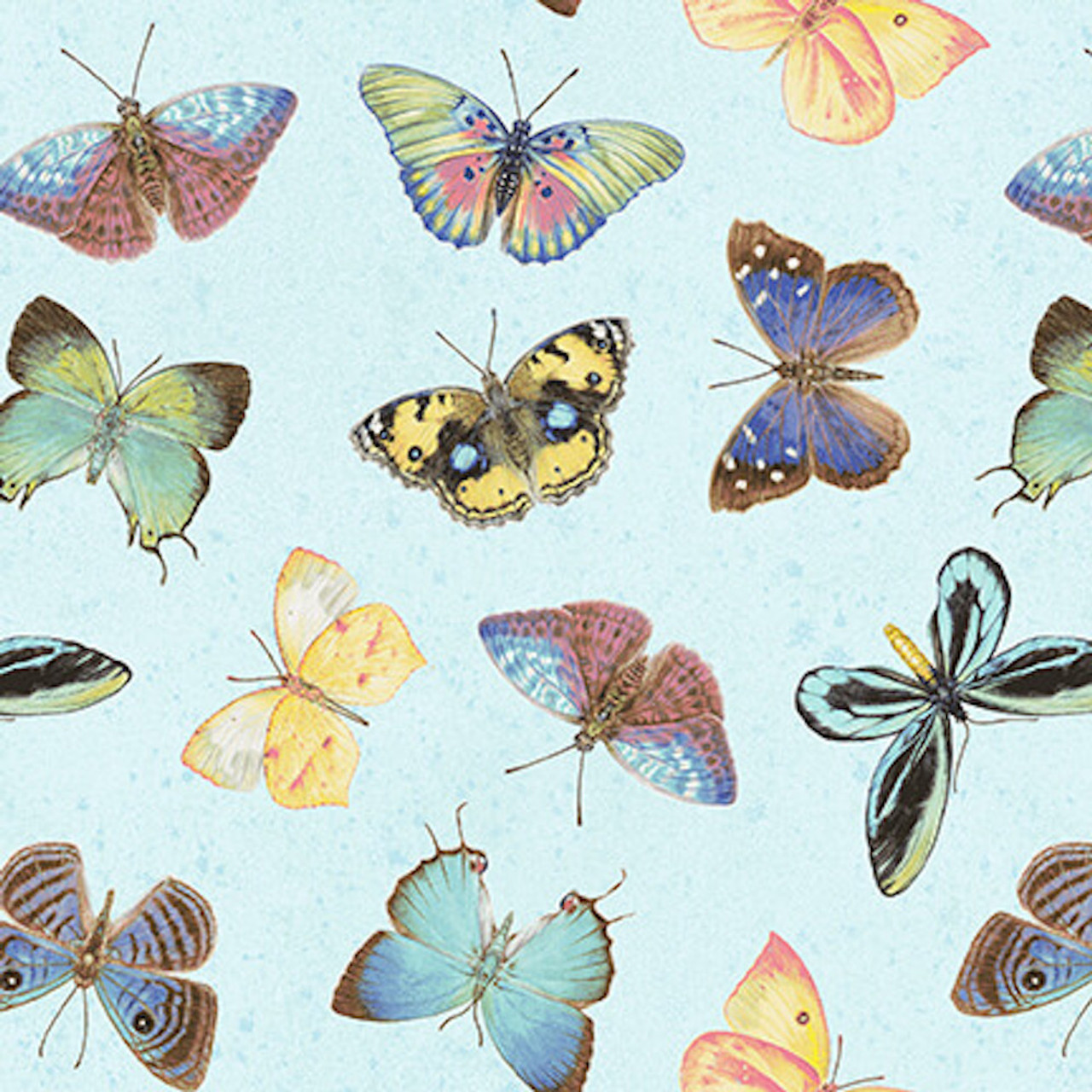 Henry Glass Pink Paradise Tossed Butterflies Blue Cotton Fabric By Yard