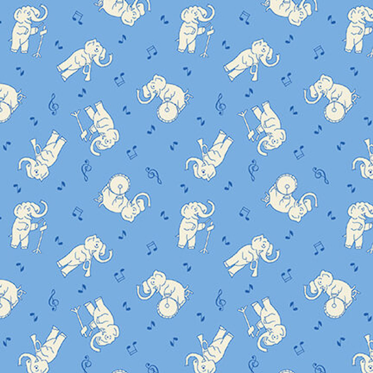 Henry Glass Nana Mae VI Musical Elephants Blue Cotton Fabric By The Yard