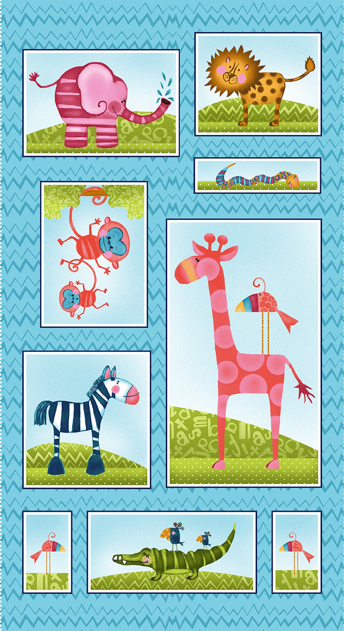 Studio E Silly Safari 24" Panel Teal Cotton Fabric By Panel