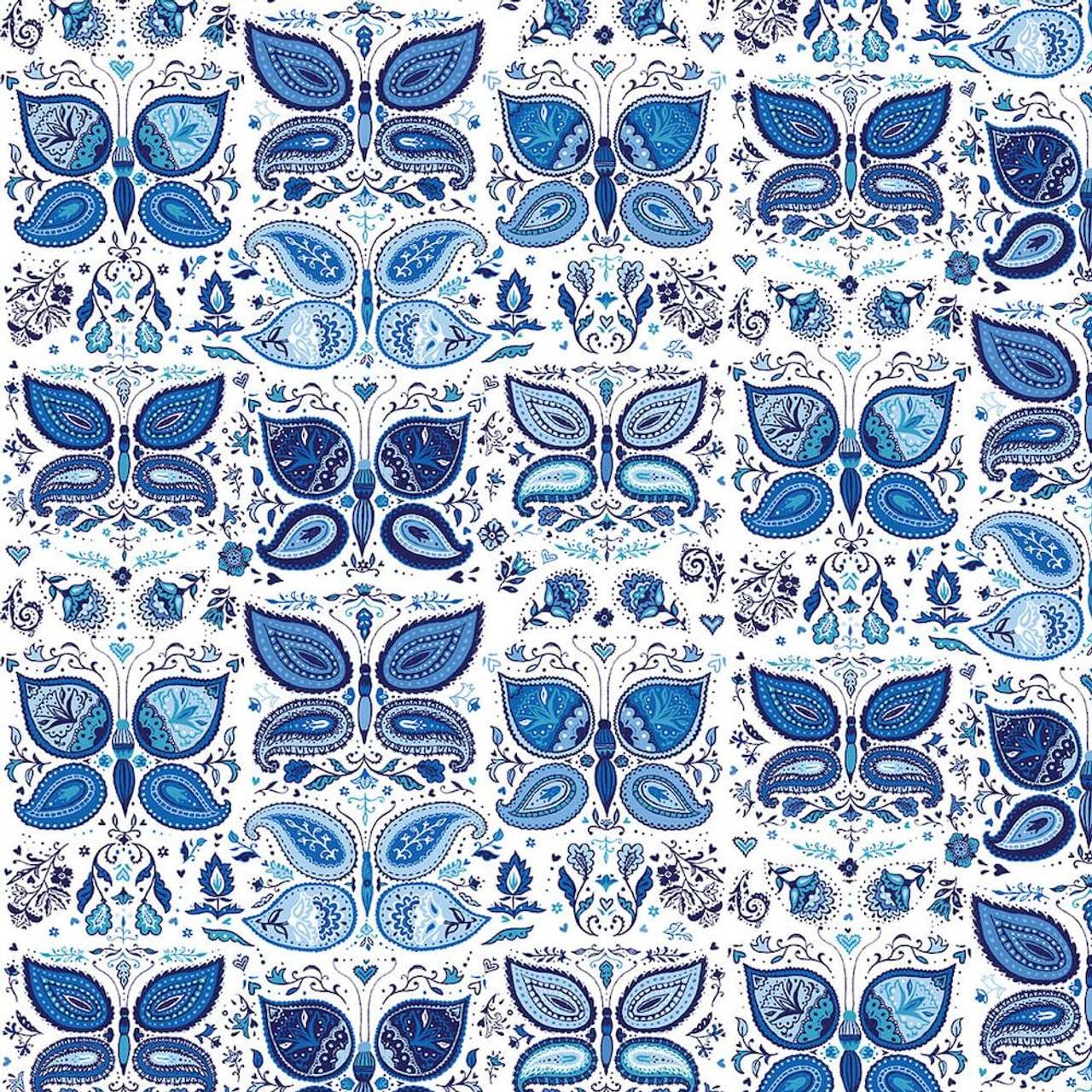 Studio E Blue Dreams Butterflies w/ Paisley Wings Mult Cotton Fabric By Yard