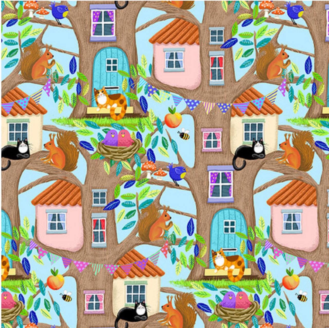 Henry Glass Tree House Packed Tree Houses Blue Cotton Fabric By Yard