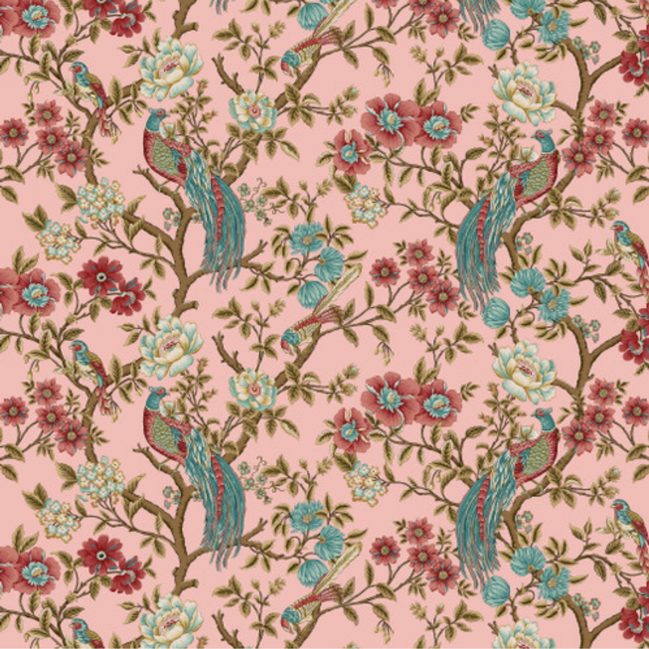 Henry Glass Lille Main Bird Floral Pink Cotton Fabric By The Yard