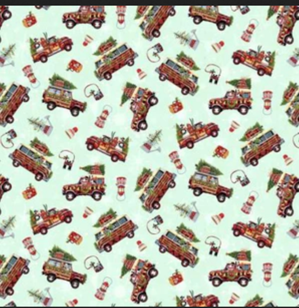 StudioE Snow Dog Express Campers & Trucks Mint Cotton Fabric By The Yard