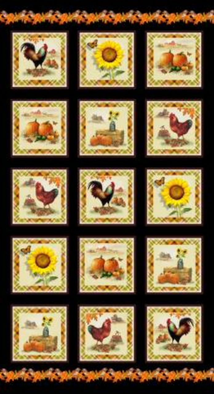 Henry Glass Autumn Splendor 24" Fall Blocks Panel Black Cotton Fabric By Panel