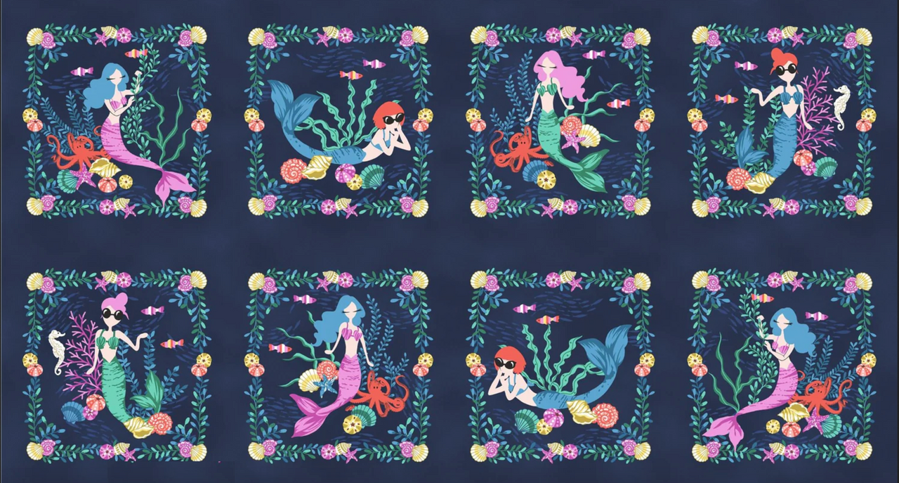 Studio E Mermaid In Blue Jeans Block Panel Dk Blue Cotton Fabric By Yard