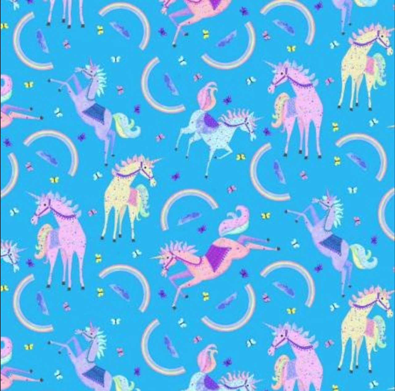 Henry Glass Moonbeams & Rainbows Tossed Unicorns Cyan Cotton Fabric By The Yard