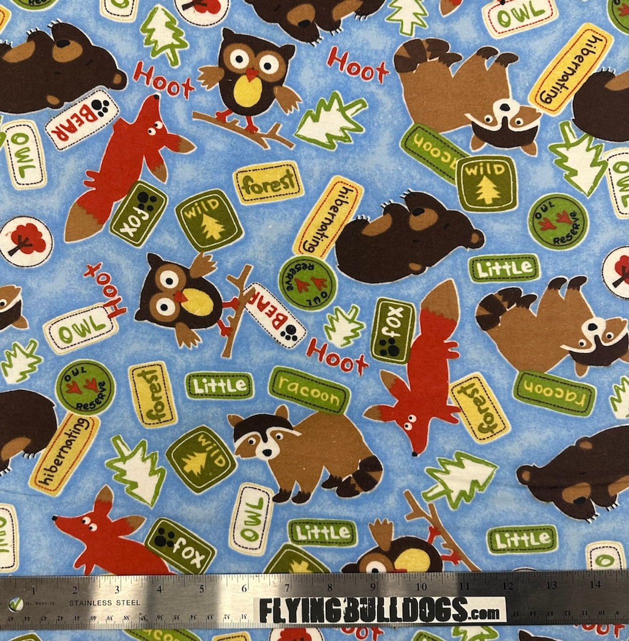 AE Nathan Comfy Prints Bear & Racoon Blue Cotton Flannel Fabric By The Yard