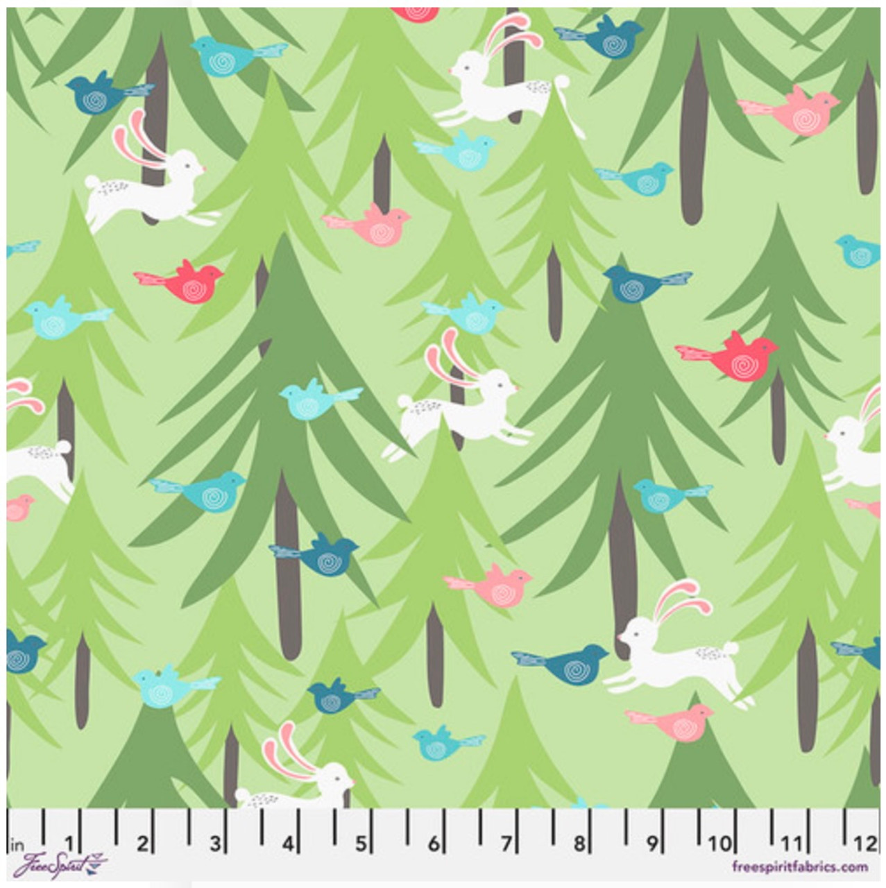 Free Spirit Penn 2 Paper Snowy Weather Bunnies & Birds Lime Cotton Flannel Quilting Fabric by Yd